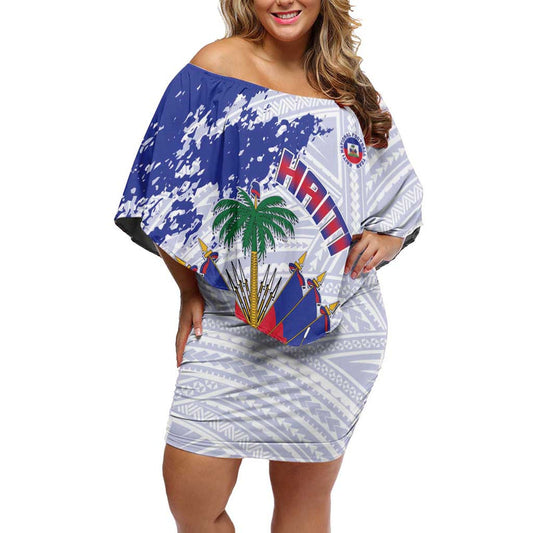 Custom Haiti Football Les Grenadiers Blue Grunge Polynesian Tattoo Off Shoulder Short Dress
