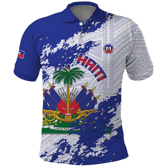 Custom Haiti Football Les Grenadiers Blue Grunge Polynesian Tattoo Polo Shirt