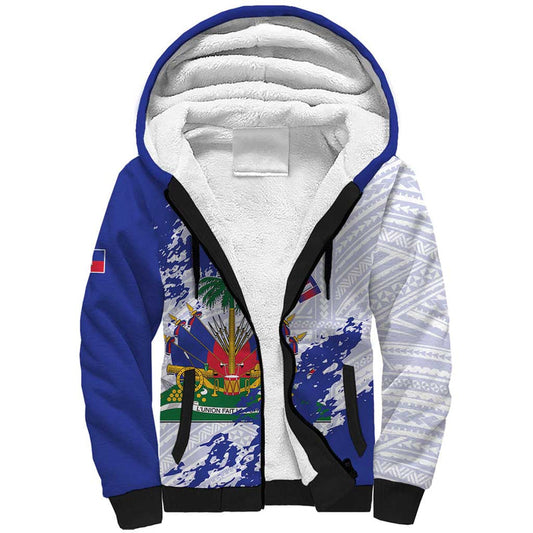 Custom Haiti Football Les Grenadiers Blue Grunge Polynesian Tattoo Sherpa Hoodie