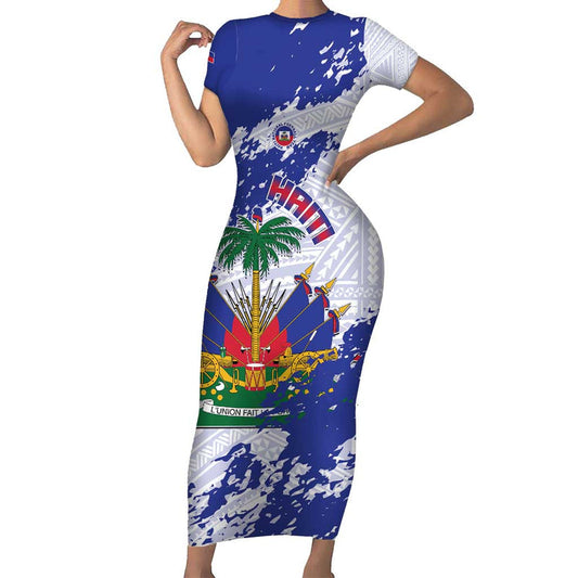Custom Haiti Football Les Grenadiers Blue Grunge Polynesian Tattoo Short Sleeve Bodycon Dress
