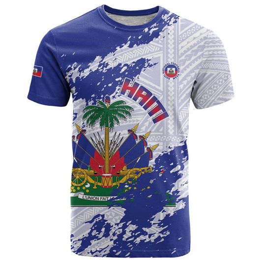 Custom Haiti Football Les Grenadiers Blue Grunge Polynesian Tattoo T Shirt