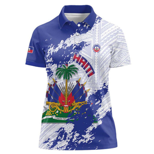 Custom Haiti Football Les Grenadiers Blue Grunge Polynesian Tattoo Women Polo Shirt