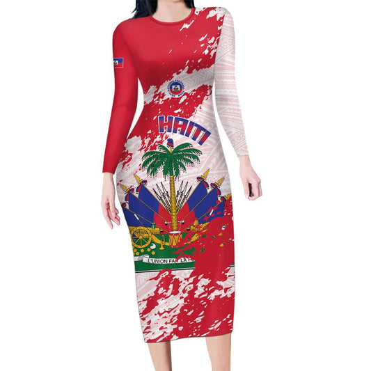 Custom Haiti Football Les Grenadiers Red Grunge Polynesian Tattoo Long Sleeve Bodycon Dress