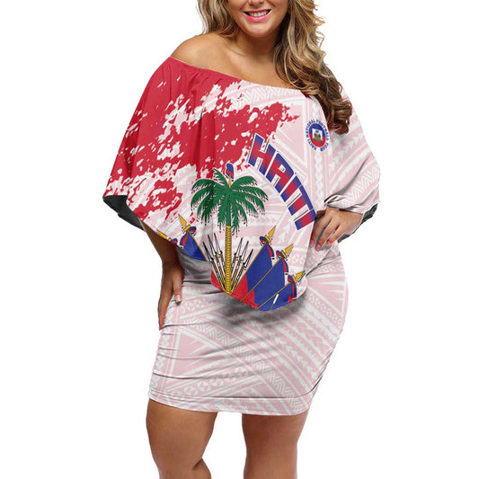 Custom Haiti Football Les Grenadiers Red Grunge Polynesian Tattoo Off Shoulder Short Dress