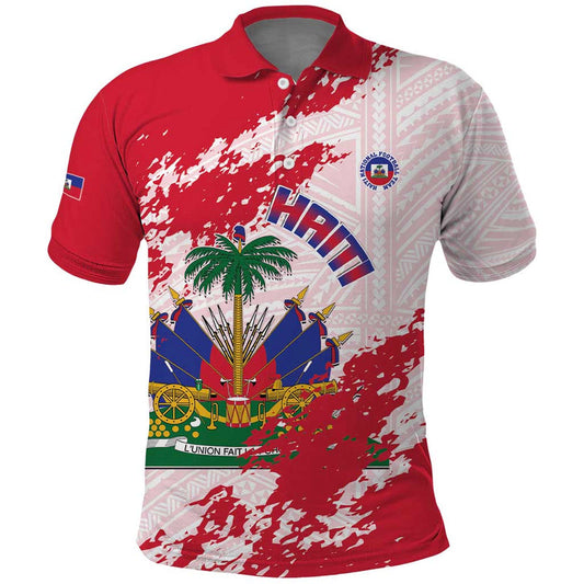 Custom Haiti Football Les Grenadiers Red Grunge Polynesian Tattoo Polo Shirt