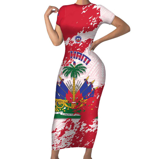 Custom Haiti Football Les Grenadiers Red Grunge Polynesian Tattoo Short Sleeve Bodycon Dress
