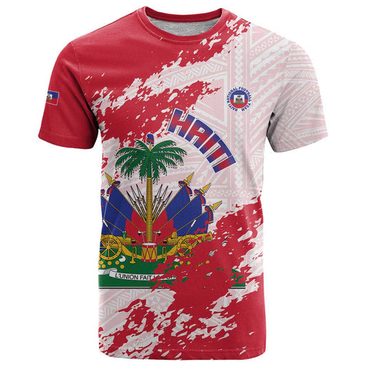 Custom Haiti Football Les Grenadiers Red Grunge Polynesian Tattoo T Shirt
