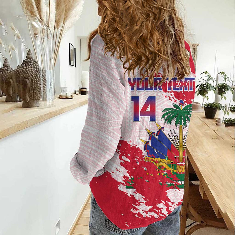 Custom Haiti Football Les Grenadiers Red Grunge Polynesian Tattoo Women Casual Shirt