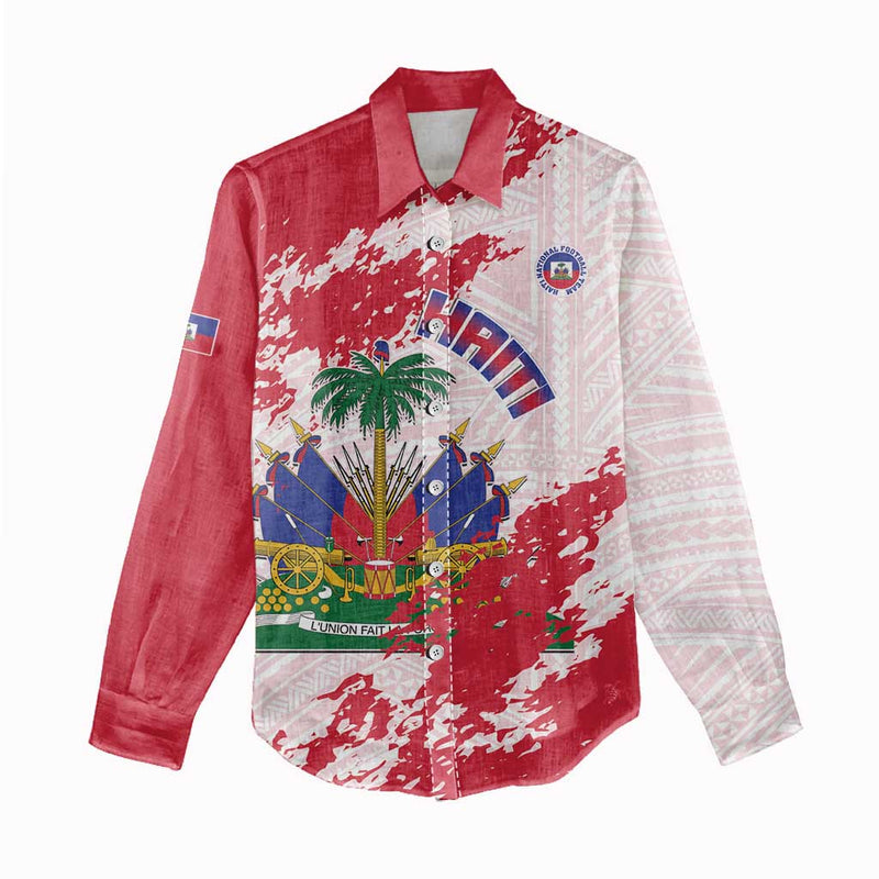 Custom Haiti Football Les Grenadiers Red Grunge Polynesian Tattoo Women Casual Shirt