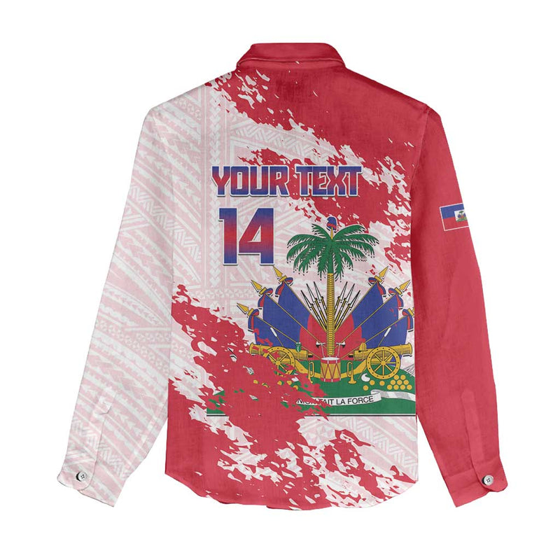 Custom Haiti Football Les Grenadiers Red Grunge Polynesian Tattoo Women Casual Shirt