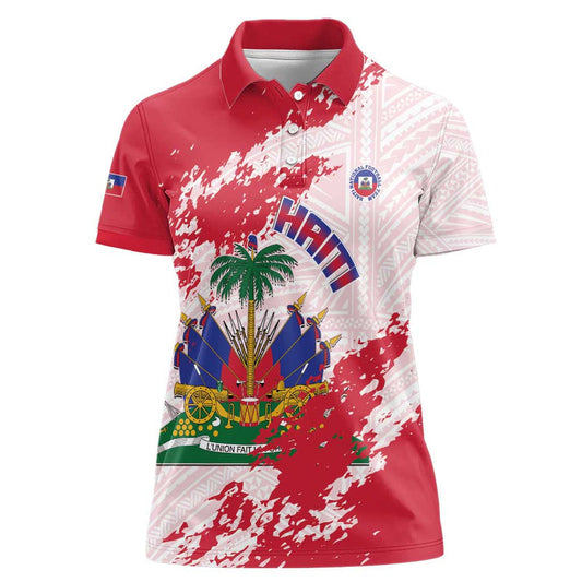 Custom Haiti Football Les Grenadiers Red Grunge Polynesian Tattoo Women Polo Shirt
