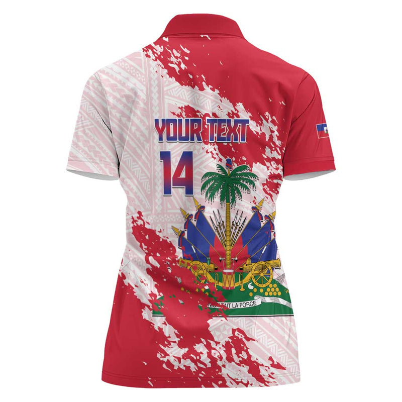 Custom Haiti Football Les Grenadiers Red Grunge Polynesian Tattoo Women Polo Shirt