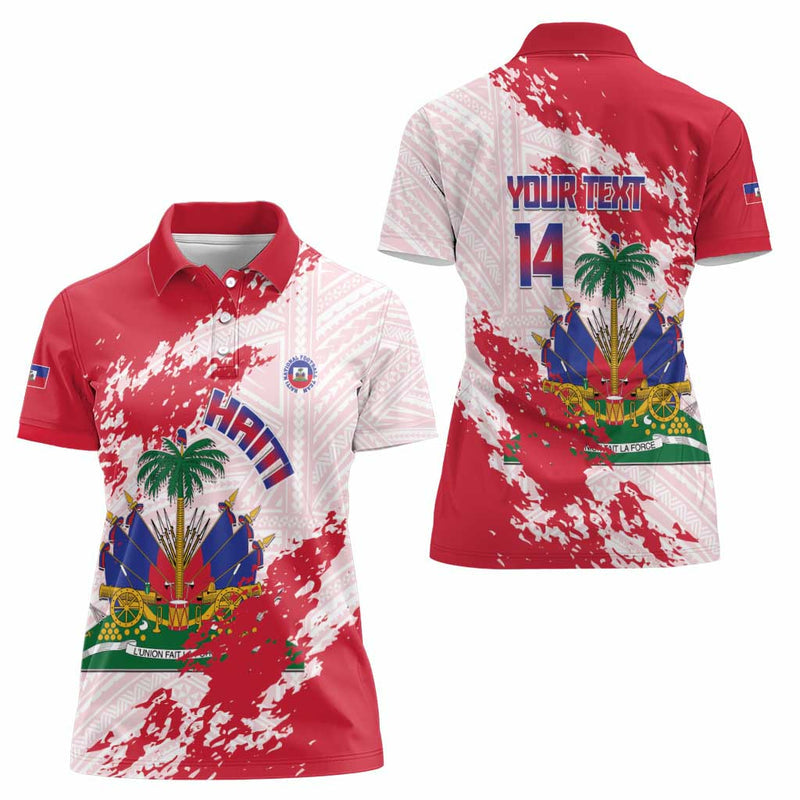 Custom Haiti Football Les Grenadiers Red Grunge Polynesian Tattoo Women Polo Shirt
