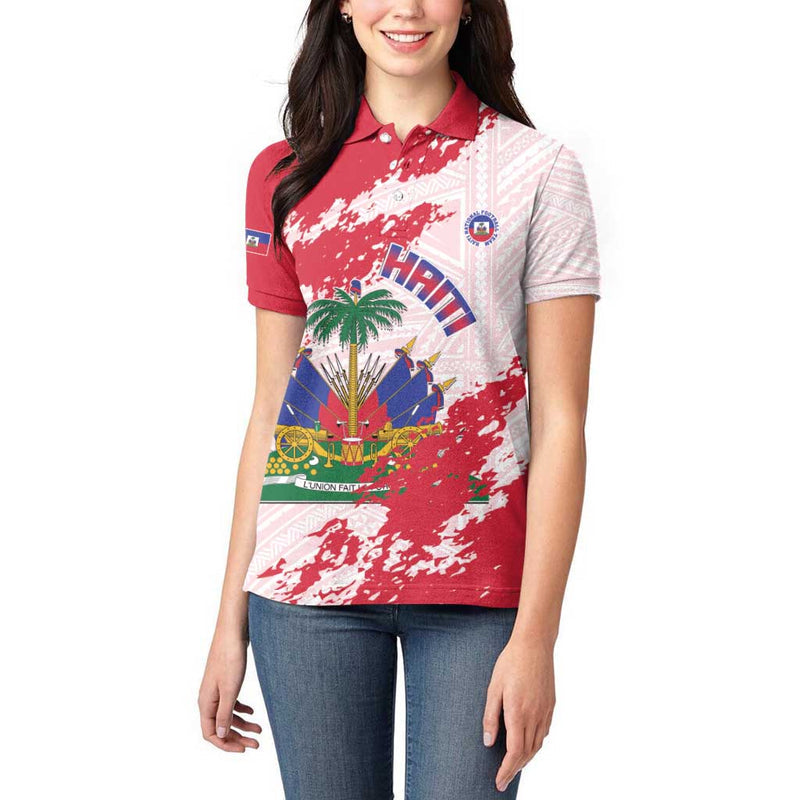 Custom Haiti Football Les Grenadiers Red Grunge Polynesian Tattoo Women Polo Shirt