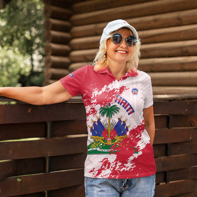 Custom Haiti Football Les Grenadiers Red Grunge Polynesian Tattoo Women Polo Shirt