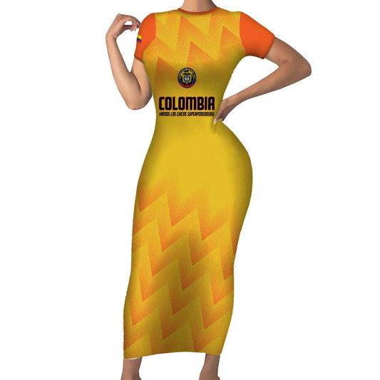 Custom Colombia Football 2025 Las Chicas Superpoderosas - Yellow Version Short Sleeve Bodycon Dress