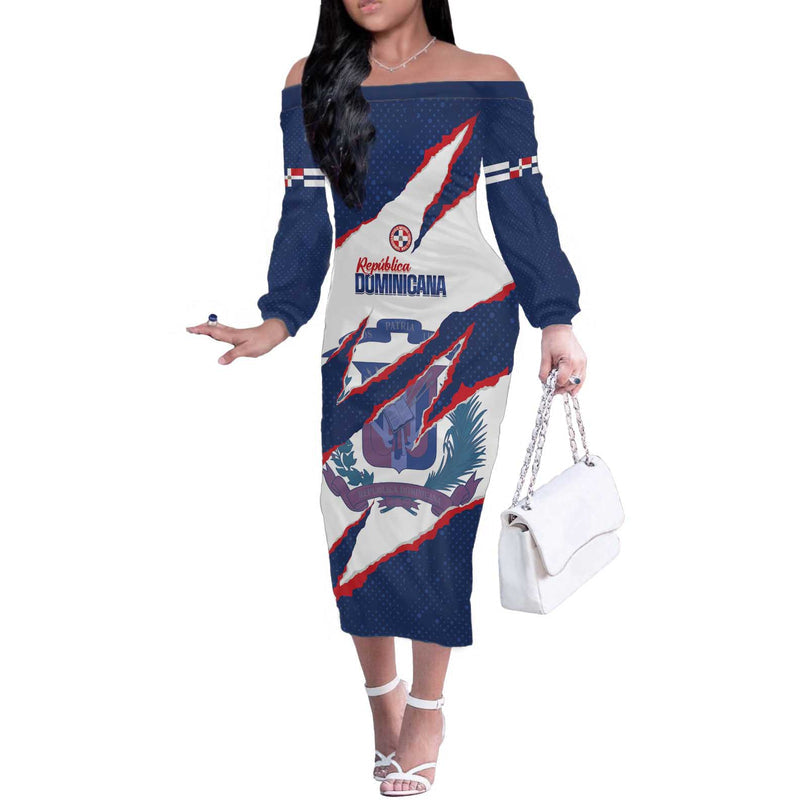 Custom Dominican Republic Football Los Quisqueyanos Crack Style Off The Shoulder Long Sleeve Dress