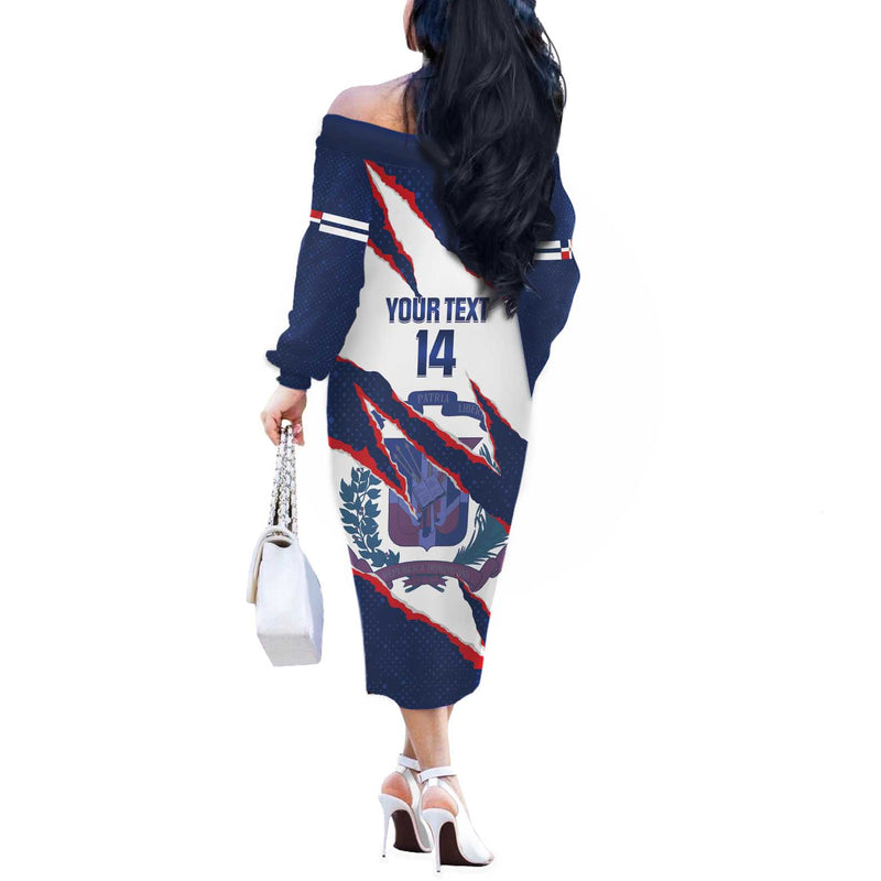 Custom Dominican Republic Football Los Quisqueyanos Crack Style Off The Shoulder Long Sleeve Dress