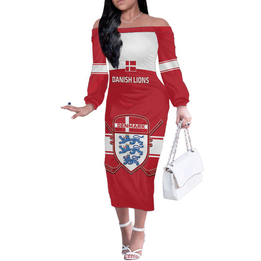 Custom Denmark Hockey Go Danish Lions Off The Shoulder Long Sleeve Dress