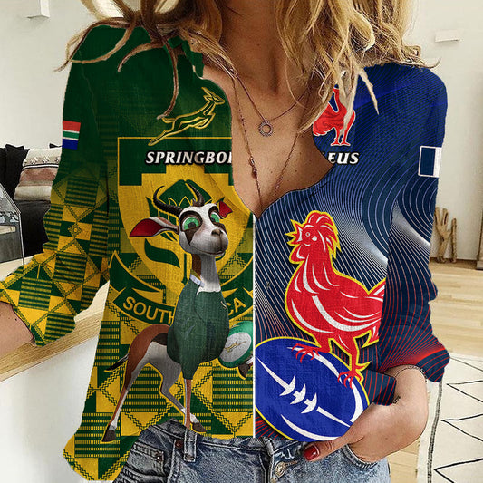 Custom South Africa And France Rugby Springboks With Les Bleus Together 2023 World Cup Women Casual Shirt