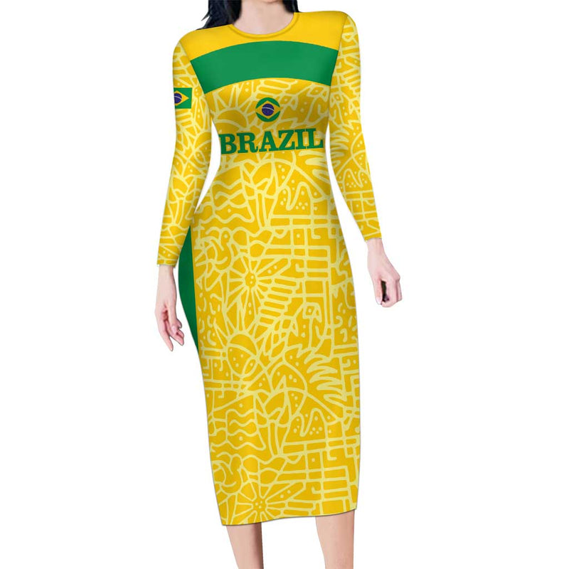 Custom Brazil Football Vamos Selecao - Yellow Long Sleeve Bodycon Dress