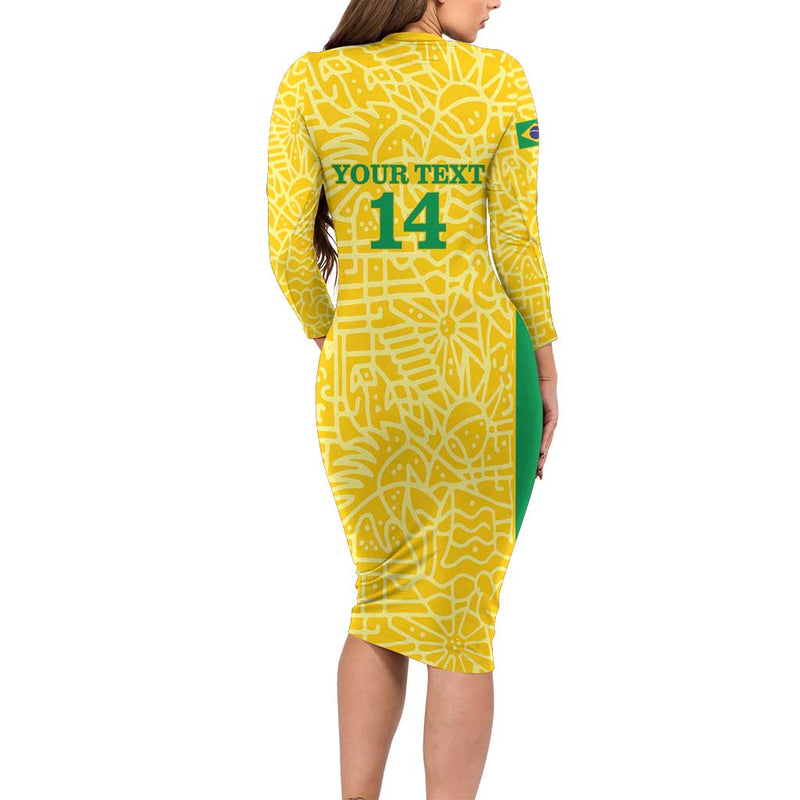 Custom Brazil Football Vamos Selecao - Yellow Long Sleeve Bodycon Dress