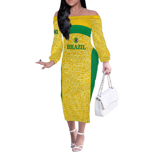 Custom Brazil Football Vamos Selecao - Yellow Off The Shoulder Long Sleeve Dress