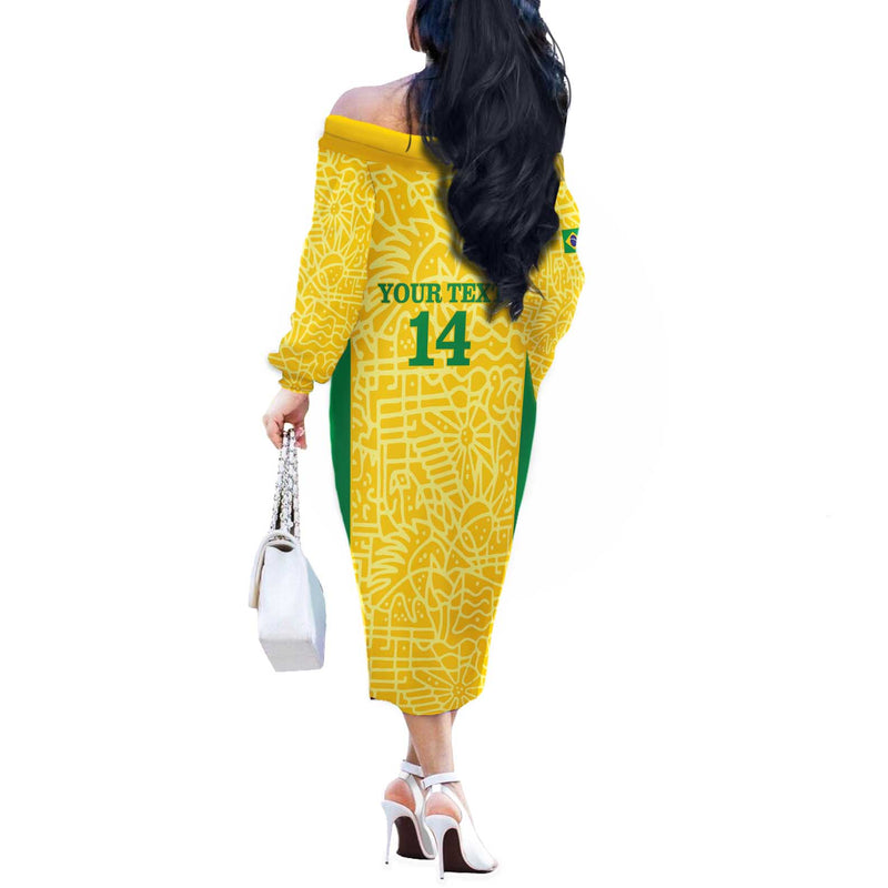 Custom Brazil Football Vamos Selecao - Yellow Off The Shoulder Long Sleeve Dress