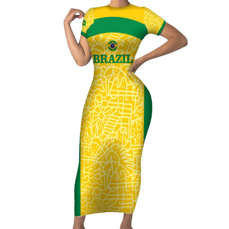 Custom Brazil Football Vamos Selecao - Yellow Short Sleeve Bodycon Dress