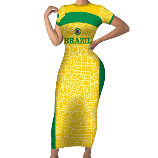 Custom Brazil Football Vamos Selecao - Yellow Short Sleeve Bodycon Dress