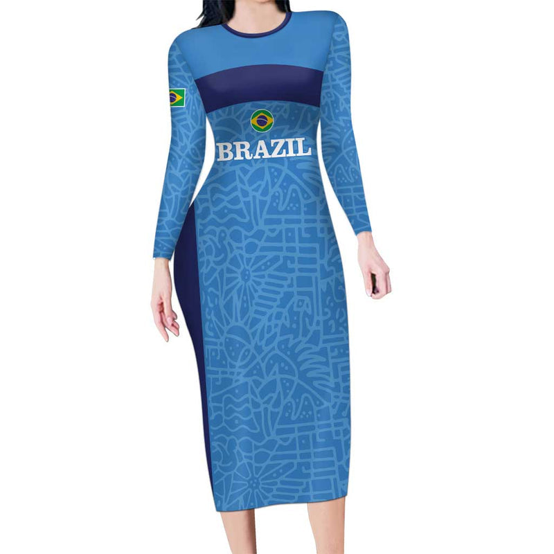 Custom Brazil Football Vamos Selecao - Blue Long Sleeve Bodycon Dress