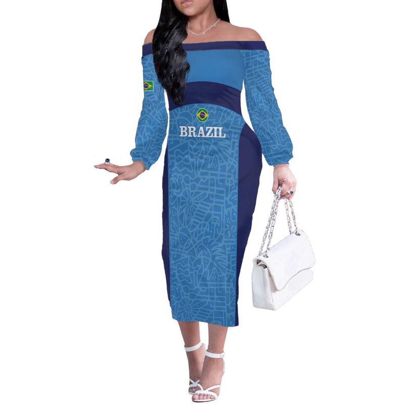 Custom Brazil Football Vamos Selecao - Blue Off The Shoulder Long Sleeve Dress