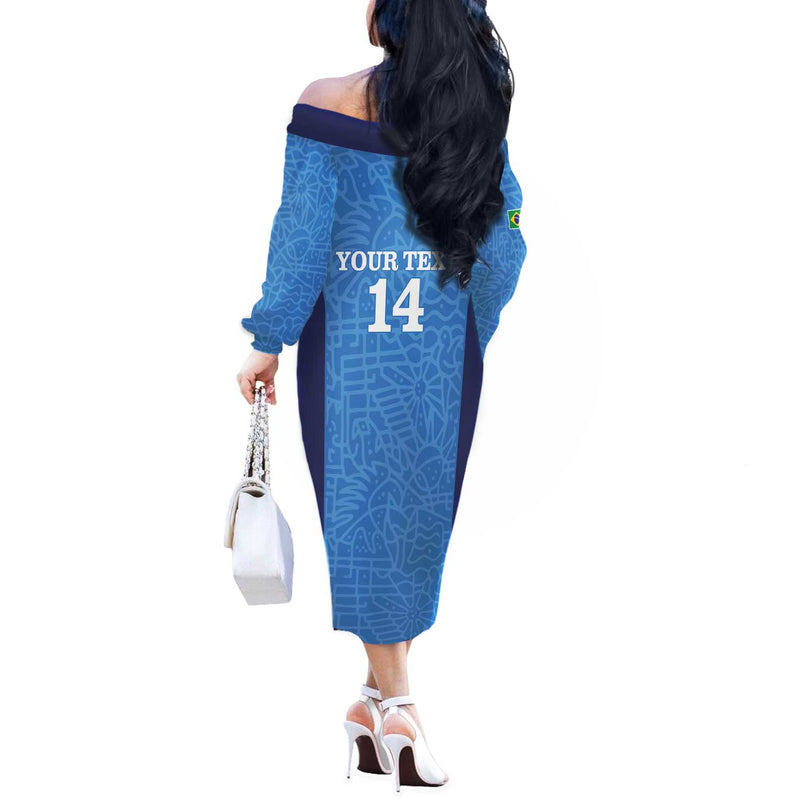 Custom Brazil Football Vamos Selecao - Blue Off The Shoulder Long Sleeve Dress