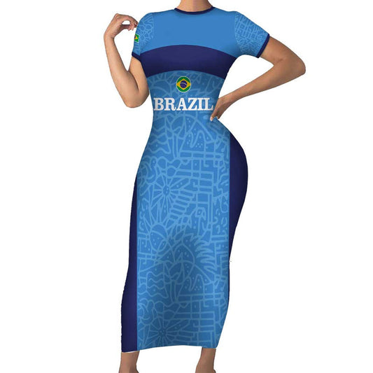 Custom Brazil Football Vamos Selecao - Blue Short Sleeve Bodycon Dress