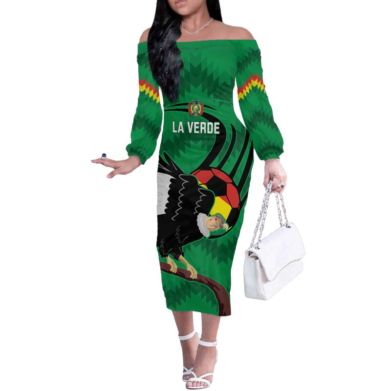 Custom Bolivia Football Andean Condor Vamo La Verde Off The Shoulder Long Sleeve Dress