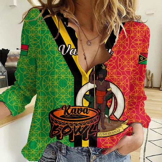 (Custom Personalised) Vanuatu Kava Bowl Mix Sand Drawing Flag Style Women Casual Shirt