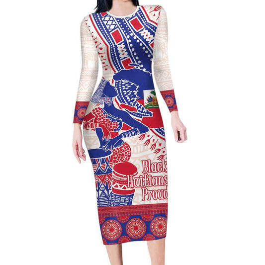 Afro-haitians Proud Haiti Coat Of Arms Dashiki Long Sleeve Bodycon Dress
