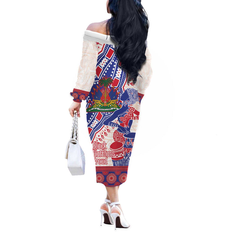 Afro-haitians Proud Haiti Coat Of Arms Dashiki Off The Shoulder Long Sleeve Dress