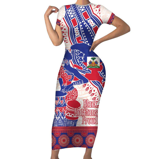 Afro-haitians Proud Haiti Coat Of Arms Dashiki Short Sleeve Bodycon Dress