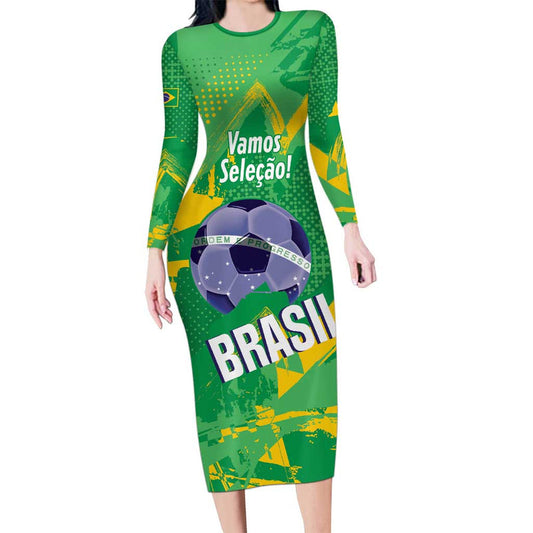Custom Brazil Football Vamos Selecao Brushes Style Long Sleeve Bodycon Dress