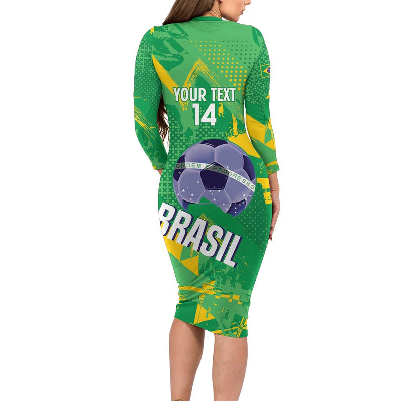 Custom Brazil Football Vamos Selecao Brushes Style Long Sleeve Bodycon Dress