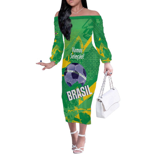 Custom Brazil Football Vamos Selecao Brushes Style Off The Shoulder Long Sleeve Dress