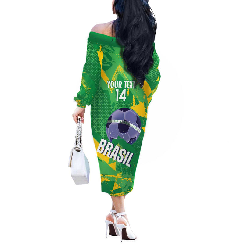 Custom Brazil Football Vamos Selecao Brushes Style Off The Shoulder Long Sleeve Dress