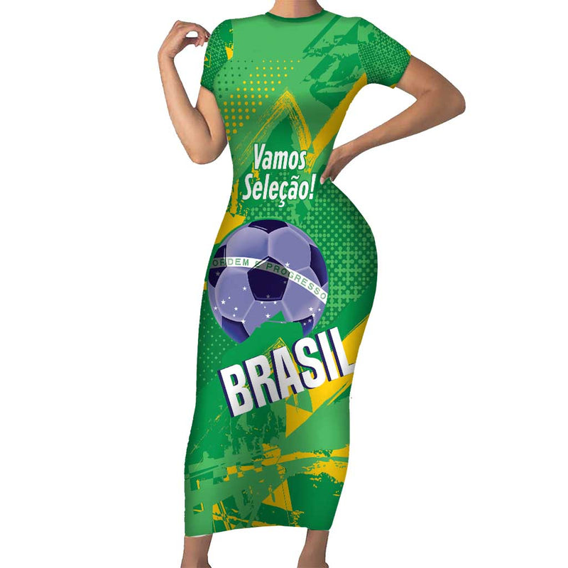 Custom Brazil Football Vamos Selecao Brushes Style Short Sleeve Bodycon Dress