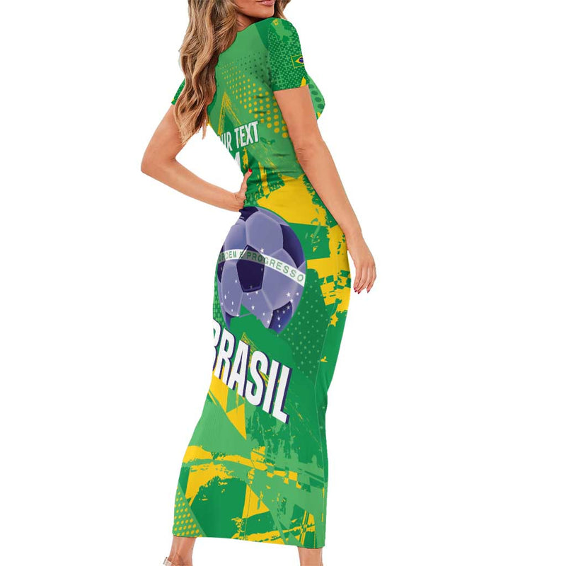 Custom Brazil Football Vamos Selecao Brushes Style Short Sleeve Bodycon Dress
