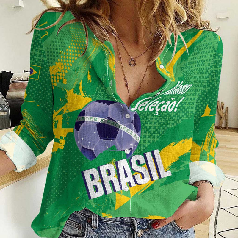 Custom Brazil Football Vamos Selecao Brushes Style Women Casual Shirt