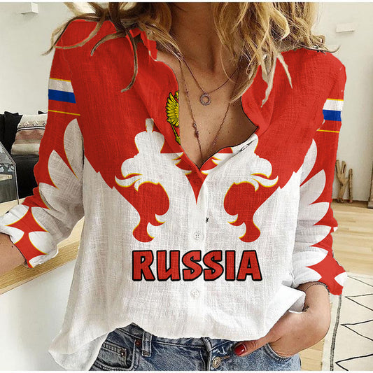 (Custom Text And Number) Russia Hockey 2023 White Sporty Style Women Casual Shirt