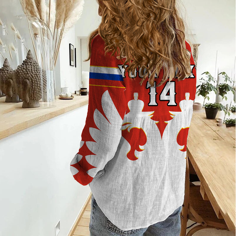 (Custom Text And Number) Russia Hockey 2023 White Sporty Style Women Casual Shirt