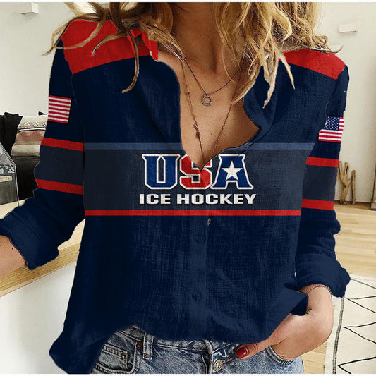 (Custom Text And Number) United States Hockey 2023 USA Sporty Style Women Casual Shirt