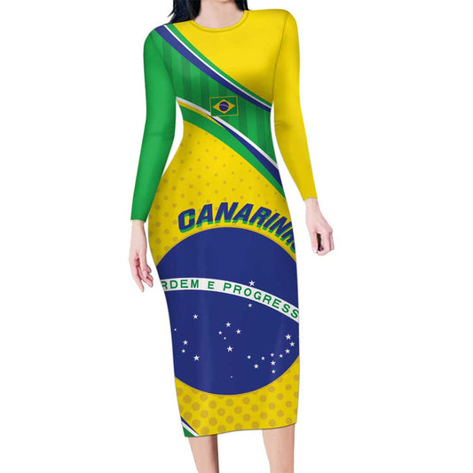 Custom Brazil Football Vamos Canarinho Long Sleeve Bodycon Dress